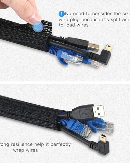 AGPTEK Cable Sleeve Cover, 6.6ft - 2/3 inch Desk Cord Organizer Cable Hider, Home Office Wire Management Computer TV Wire Loom Tubing, Pet Proof Cord Protector, from Cat Dog Chewing, Black