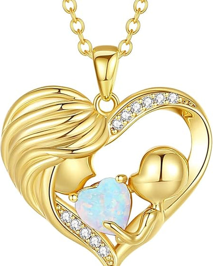 FANCIME Mom Birthstone Necklace Mother and Child Love Heart Necklace I Love You Mom Gifts Mothers Day Birthstone Jewelry Gifts for Grandmother Women Wife, 16"+2" Inches