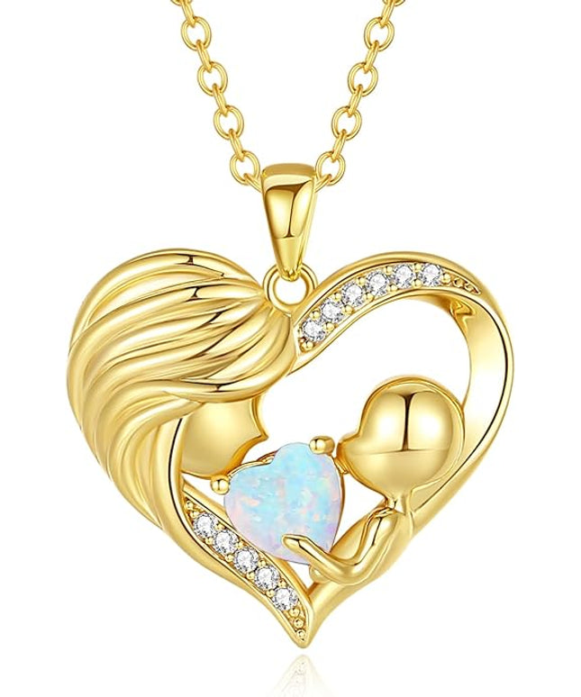 FANCIME Mom Birthstone Necklace Mother and Child Love Heart Necklace I Love You Mom Gifts Mothers Day Birthstone Jewelry Gifts for Grandmother Women Wife, 16"+2" Inches