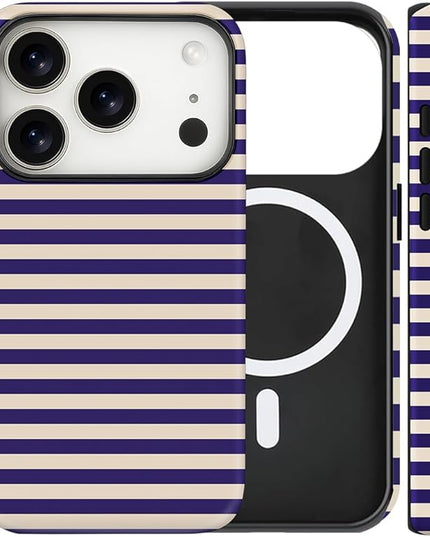 Magnetic for iPhone 17 Pro Max Case Cute Stripes Phone Case, Shockproof Slim TPU and Hard PC Protective Phone Cover Compatible with MagSafe Designed for Women Girls, Blue&Apricot