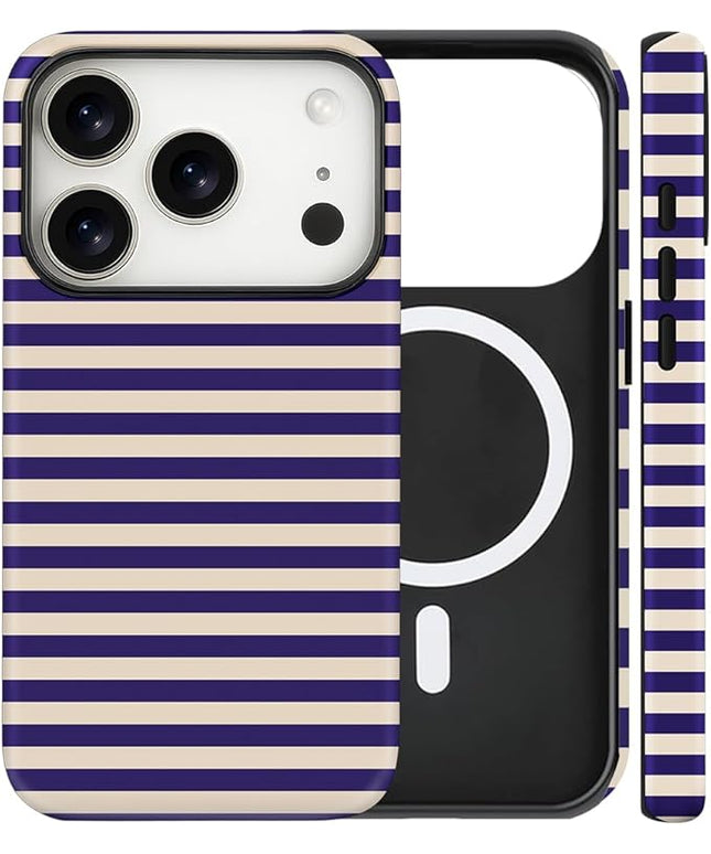 Magnetic for iPhone 17 Pro Max Case Cute Stripes Phone Case, Shockproof Slim TPU and Hard PC Protective Phone Cover Compatible with MagSafe Designed for Women Girls, Blue&Apricot