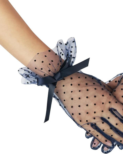 Women's Short Lace Gloves with Bow Ruffles Lace Tea Party Gloves for Wedding Costume Evening Dinner Party