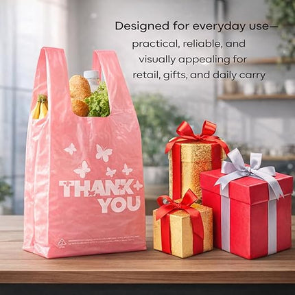 PINK Thank you bags, 100PCS T shirt bags, To Go Bags,Grocery bags, Reusable and Disposable,Perfect for Small Business,Take Out,Retails,11 inchx6 inchx21 inch(100),Large