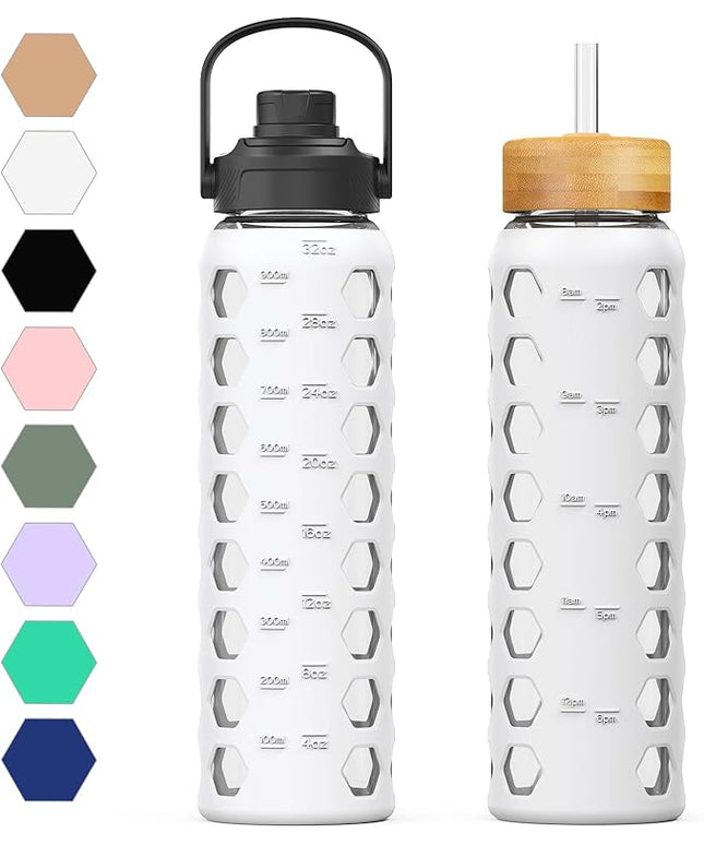 MUKOKO 32oz Glass Water Bottles with 2 Lids-Handle Spout Lid&Bamboo Straw Lid, Motivational Water Tumbler with Time Marker Reminder and Silicone Sleeve, Leakproof-White-1 Pack