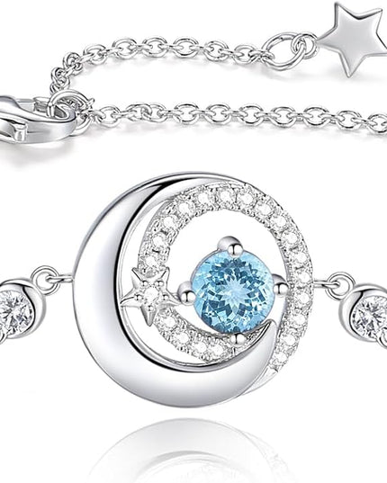 FANCIME Birthstone Bracelets 925 Sterling Silver Moon and Star Bangle Charm Bracelet Fine Jewelry Birthday Anniversary Christmas Day Gift for Her Women, Adjustable Chain 6.7"+1.2" Extend