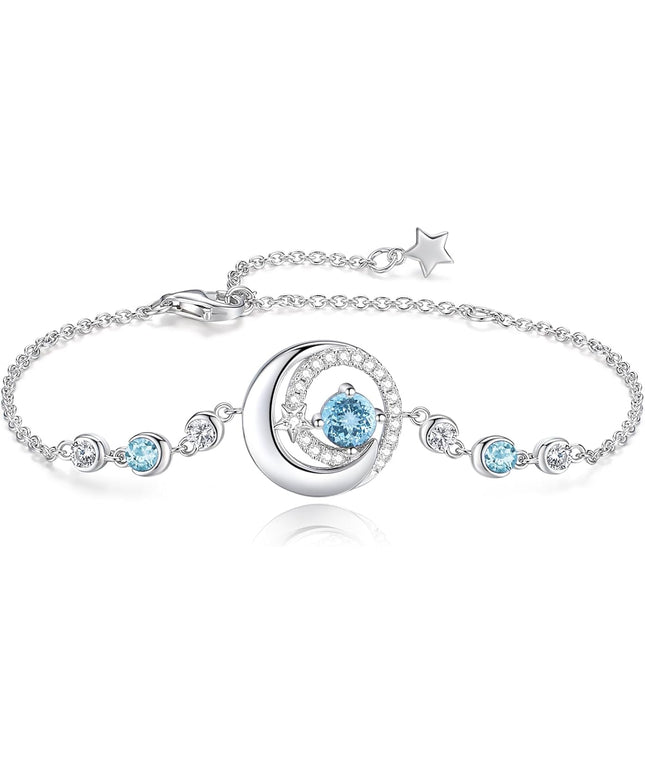 FANCIME Birthstone Bracelets 925 Sterling Silver Moon and Star Bangle Charm Bracelet Fine Jewelry Birthday Anniversary Christmas Day Gift for Her Women, Adjustable Chain 6.7"+1.2" Extend