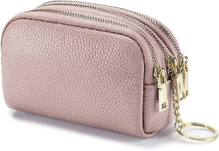 LINNO 3 Zippered Genuine Leather Coin Purse Triple Capacity Change Pouch Little Travel Wallet With Key Ring for Women