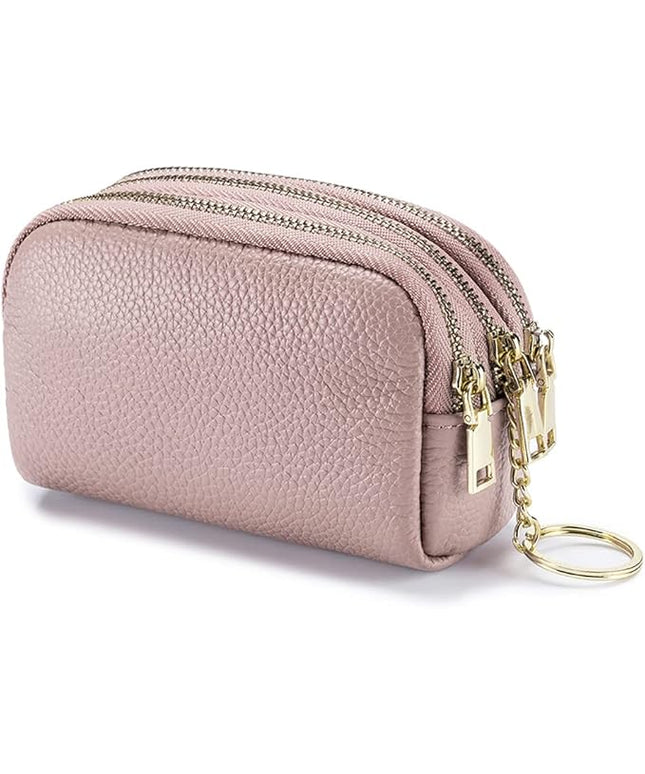 LINNO 3 Zippered Genuine Leather Coin Purse Triple Capacity Change Pouch Little Travel Wallet With Key Ring for Women