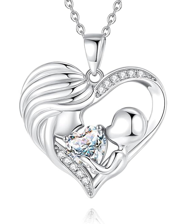 FANCIME Mom Birthstone Necklace Mother and Child Love Heart Necklace I Love You Mom Gifts Mothers Day Birthstone Jewelry Gifts for Grandmother Women Wife, 16"+2" Inches