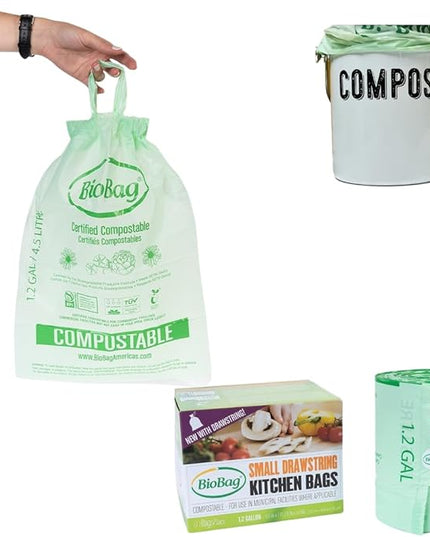 1.2 Gallon Compostable Drawstring Food Scrap Bags by BioBag, 80 Count, BPI Certified, Meets ASTM D6400 Standards, Made in USA, Kitchen Counter Bin Liners