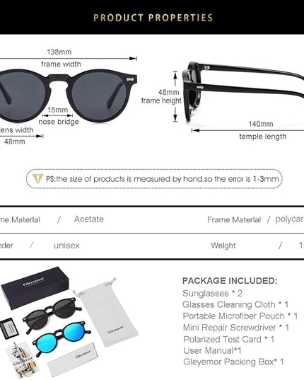 Gleyemor Vintage Polarized Sunglasses for Men Round Sunglasses UV400 Protection Retro Hand-crafted Acetate Frame