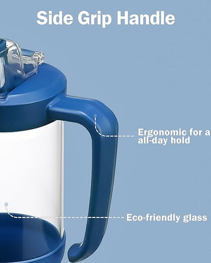 32oz Glass Water Bottle, 2-in-1 Straw and Sip Spout Lid, Leakproof Wide Mouth Tumbler with Handle, BPA-Free Reusable Bottle for Sports, Office, Outdoor, DBlue