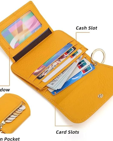 Mudono Small Wallet for Women RFID Blocking Genuine Leather Card Case Slim Tri-Fold Wallet with Zipper Pocket and Keychain