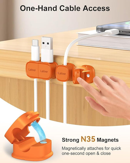 6 Pack Magnetic Cable Clips [1s Open/Lock], Laitver Cord Organizer Holder Strong Adhesive Desk Cable Management- Organize Charging Cords Neatly for Home, Office, Car,Desk, Nightstand-Orange
