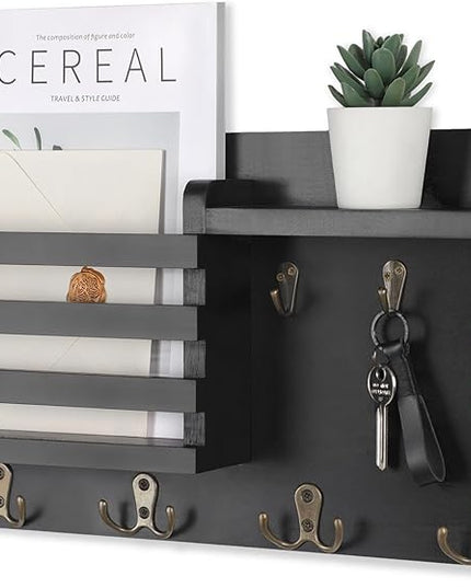 Nekon Mail Holder for Wall Mail Organizer with Key Hooks Hallway Farmhouse Decor Storage Racks with Floating Shelf and Flush Mount Hardware (16.8Inch x 10Inch x 3.2Inch)
