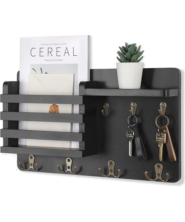 Nekon Mail Holder for Wall Mail Organizer with Key Hooks Hallway Farmhouse Decor Storage Racks with Floating Shelf and Flush Mount Hardware (16.8Inch x 10Inch x 3.2Inch)