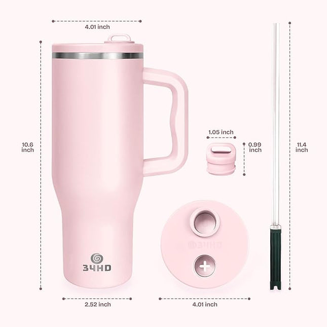 34HD 40 oz Stainless Steel Tumbler - Leakproof Insulated Water Bottle with Handle, Magnetic Lid and Flexible Straw - Iced for 48 Hours – Perfect for Men, Women, Birthday Gift, Pink - Rose Dust
