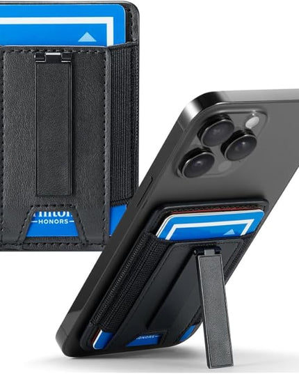 BIAJIYA Phone Wallet Sticky Back with Stand - Holds 6 Cards for iPhone & Samsung, Ultra Thin Leather & Stretch Fabric Card Holder (LiBlack)
