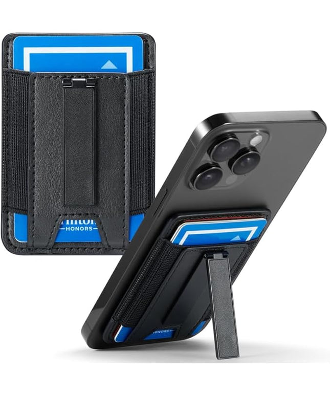 BIAJIYA Phone Wallet Sticky Back with Stand - Holds 6 Cards for iPhone & Samsung, Ultra Thin Leather & Stretch Fabric Card Holder (LiBlack)