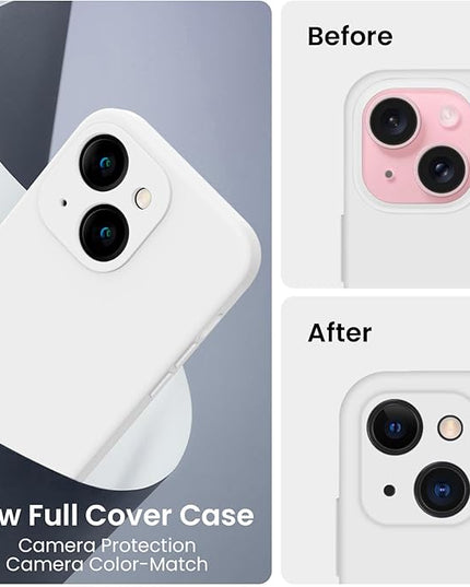 FireNova Designed for iPhone 15 Case, Silicone Upgraded [Camera Protection] Phone Case with [2 Screen Protectors], Soft Anti-Scratch Microfiber Lining Inside, 6.1 inch, White