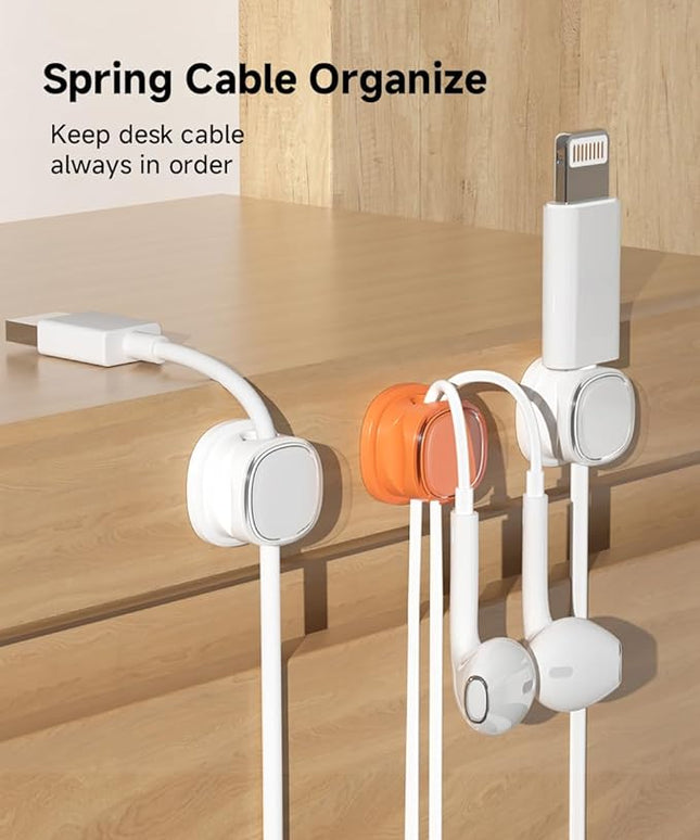 9 Pack Cord Organizer, Spring Cable Management, Adhesive Cute Cable Holder Clips, Phone Charger Wire Keeper for Desk Nightstand Car Office (9-Pack White_Orange)