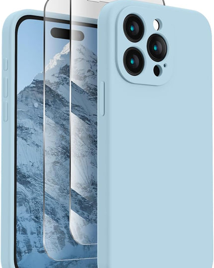 FireNova Designed for iPhone 15 Pro Max Case, Silicone Upgraded [Camera Protection] Phone Case with [2 Screen Protectors], Soft Anti-Scratch Microfiber Lining Inside, 6.7 inch, Sky Blue