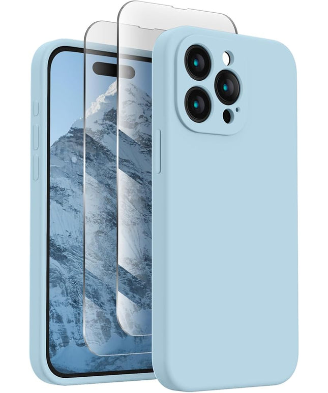 FireNova Designed for iPhone 15 Pro Max Case, Silicone Upgraded [Camera Protection] Phone Case with [2 Screen Protectors], Soft Anti-Scratch Microfiber Lining Inside, 6.7 inch, Sky Blue