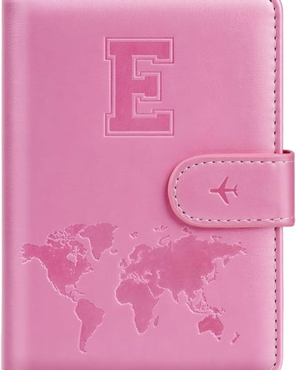 Passport Holder Cover Initail Letter A-Z Travel Wallet Embossed Design RFID Blocking Card Holder Personalized Gift Passport Cover Wallet, Passport Book Holders for Women and Girls, Pink-E