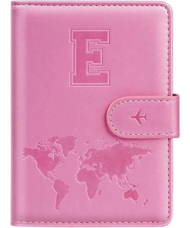 Passport Holder Cover Initail Letter A-Z Travel Wallet Embossed Design RFID Blocking Card Holder Personalized Gift Passport Cover Wallet, Passport Book Holders for Women and Girls, Pink-E