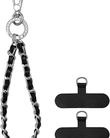 Phone Wrist Strap with Metal Chain Phone Lanyard Wrist with 2 Tether Tabs Metal Leather Cellphone Charm Phone Chain