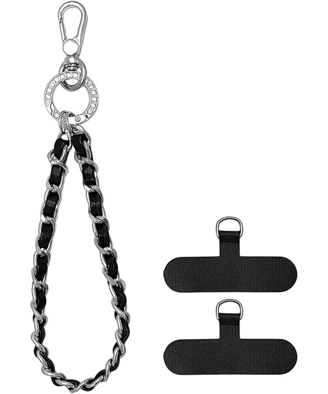 Phone Wrist Strap with Metal Chain Phone Lanyard Wrist with 2 Tether Tabs Metal Leather Cellphone Charm Phone Chain