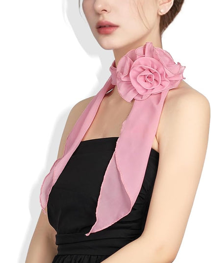 Chiffon Scarf for Women, Removable Flower Neck Scarf Light Soft Fashion Rose Scarves Versatile Headband or Hair Band