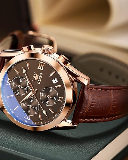 OLEVS Leather Chronograph Watch Men - Leather Strap (Brown/Black), Work Luminous Waterproof Analog Quartz Dress Wrist Watch with Blue/Black/Brown/White Dial