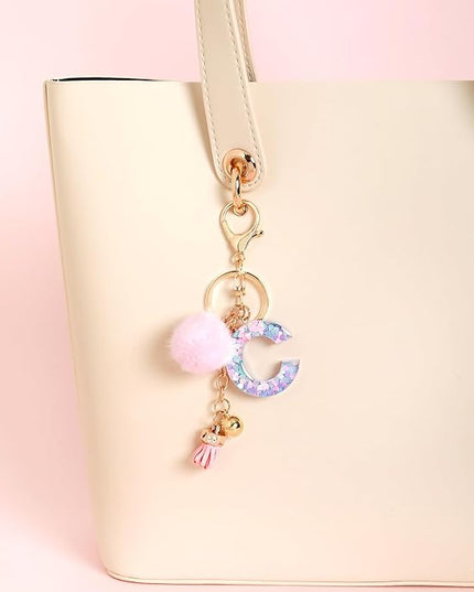 Resin Alphabet Initial Letter Keychain Keyring for Women Purse Handbags With Fur Ball Pom