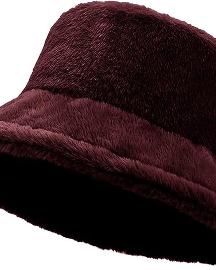 Women Plush Fluffy Bucket Hat Warm Lining Winter Faux Fur Cozy Wide Brim Winter