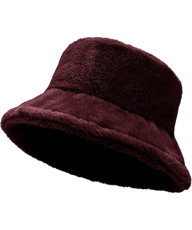 Women Plush Fluffy Bucket Hat Warm Lining Winter Faux Fur Cozy Wide Brim Winter