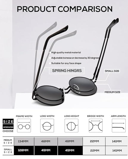 KALIYADI Round Polarized Sunglasses for Men Women Retro Metal Hippie Circle Style Sun Glasses UV Protection