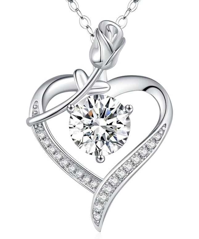 Rose Heart Pendant Necklace for Wife Moissanite Lab-Created Gem Jewelry for Women I Love You Wedding Anniversary Birthday Christmas Valentines Engagements Mothers Day for Her Girlfriend Mom Daughter