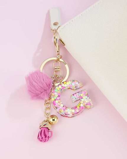 Resin Alphabet Initial Letter Keychain Keyring for Women Purse Handbags With Fur Ball Pom