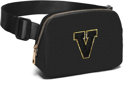 Gitus Belt Bag Fanny Pack Crossbody Bags with Initial Letter Patch Gifts for Wife Older Women Mother Coworker Bridesmaid Anniversary Travel Gifts Beach Gifts (Black-V)