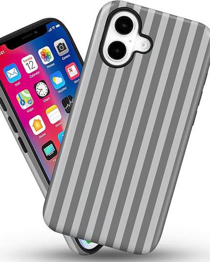 Magnetic for iPhone 16 Case Cute Stripes Phone Case, Shockproof Slim TPU and Hard PC Protective Phone Cover Compatible with MagSafe Designed for Women Girls, Gray