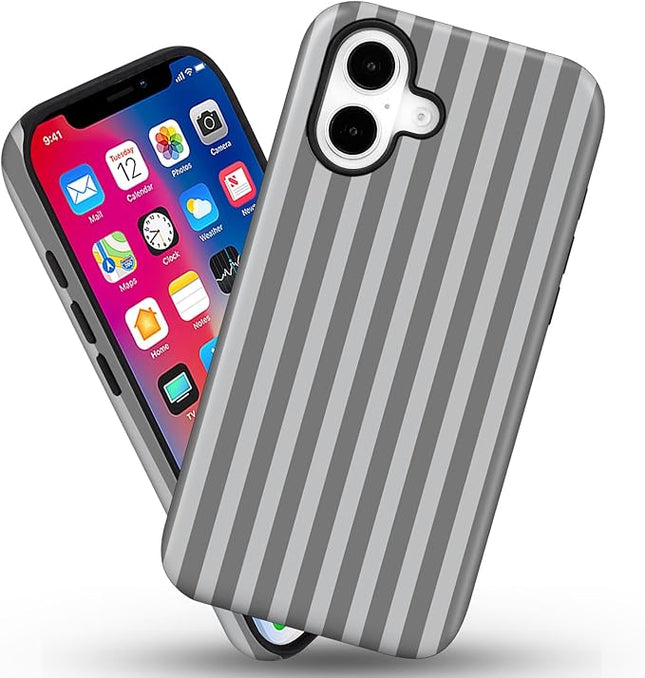 Magnetic for iPhone 16 Case Cute Stripes Phone Case, Shockproof Slim TPU and Hard PC Protective Phone Cover Compatible with MagSafe Designed for Women Girls, Gray