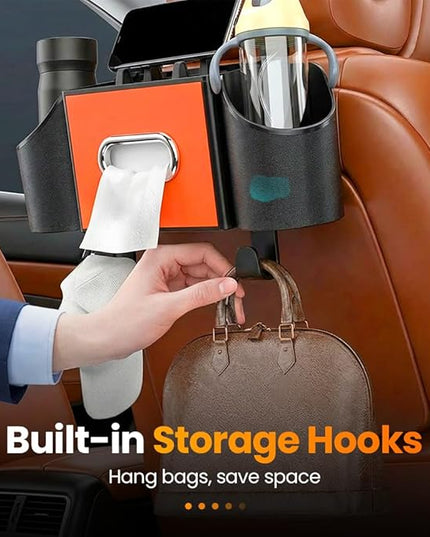 Car Organizer and Storage Box, 4 in 1 Multifunctional with 2 Cup Holders Tissue Box and 2 Hooks, Back Seat Car Organizer, Car Back Seat Storage Organizer (Brown)