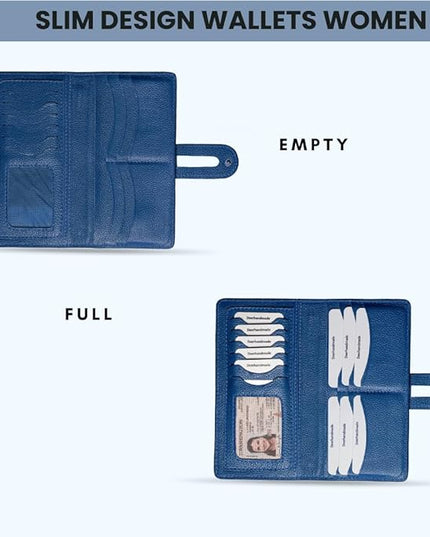 DEERHANDMADE womens wallet (Holds 15-18 Cards, 4 Flat Pockets, 1 ID Windows) Genuine Leather clutch purses for women | Slim long wallets for women | rfid blocking wallet (blue wallets for women)