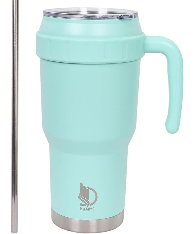 40 Oz Tumbler with Handle & Straw Lid, Insulated Stainless Steel Vacuum Flask, Double Wall Thermal Car Cup for Hot & Cold Drinks, Leak Proof, BPA Free (Mint Blue)