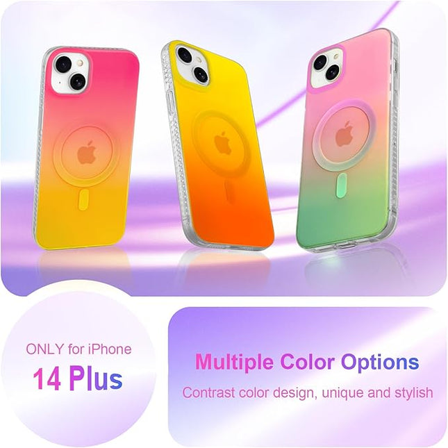Aesthetic Case for iPhone 14 Plus & iPhone 15 Plus Case for Women Girls, Compatible with Magsafe, Cute Girly Glitter Sparkly Bling Rainbow Magnetic Phone Cover, Iridescent Yellow & Orange