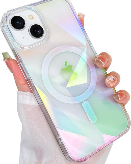 Cute Case for iPhone 15 Case for Women Girls [ Compatible with Magsafe ] Clear Glitter Girly Aesthetic Rainbow Sparkly Bling Magnetic Phone Cover, Iridescent Geometry