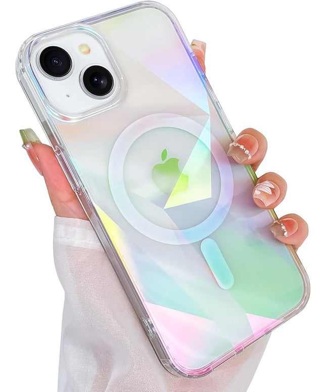 Cute Case for iPhone 15 Case for Women Girls [ Compatible with Magsafe ] Clear Glitter Girly Aesthetic Rainbow Sparkly Bling Magnetic Phone Cover, Iridescent Geometry