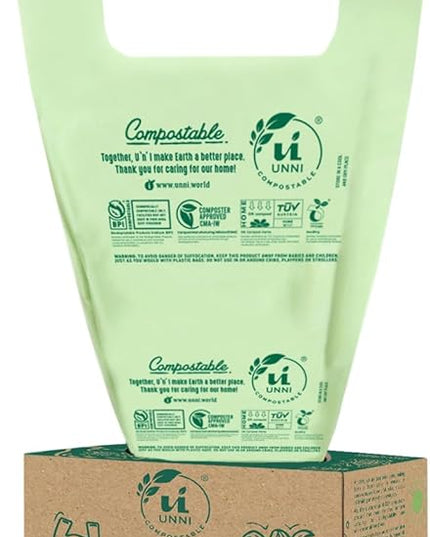 UNNI Compostable T-Shirt Bags with Tie Handles, 1.6 Gallon / 6 Liter, 50 Count, 0.64 mil Small Kitchen Caddy Liners, Certified by BPI, CMA & OK compost HOME, Meets ASTM D6400