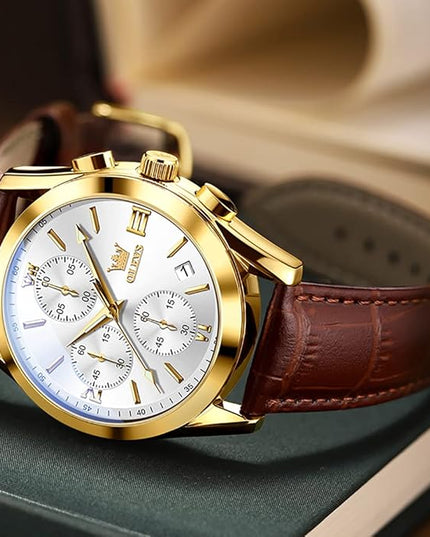 OLEVS Leather Chronograph Watch Men - Leather Strap (Brown/Black), Work Luminous Waterproof Analog Quartz Dress Wrist Watch with Blue/Black/Brown/White Dial